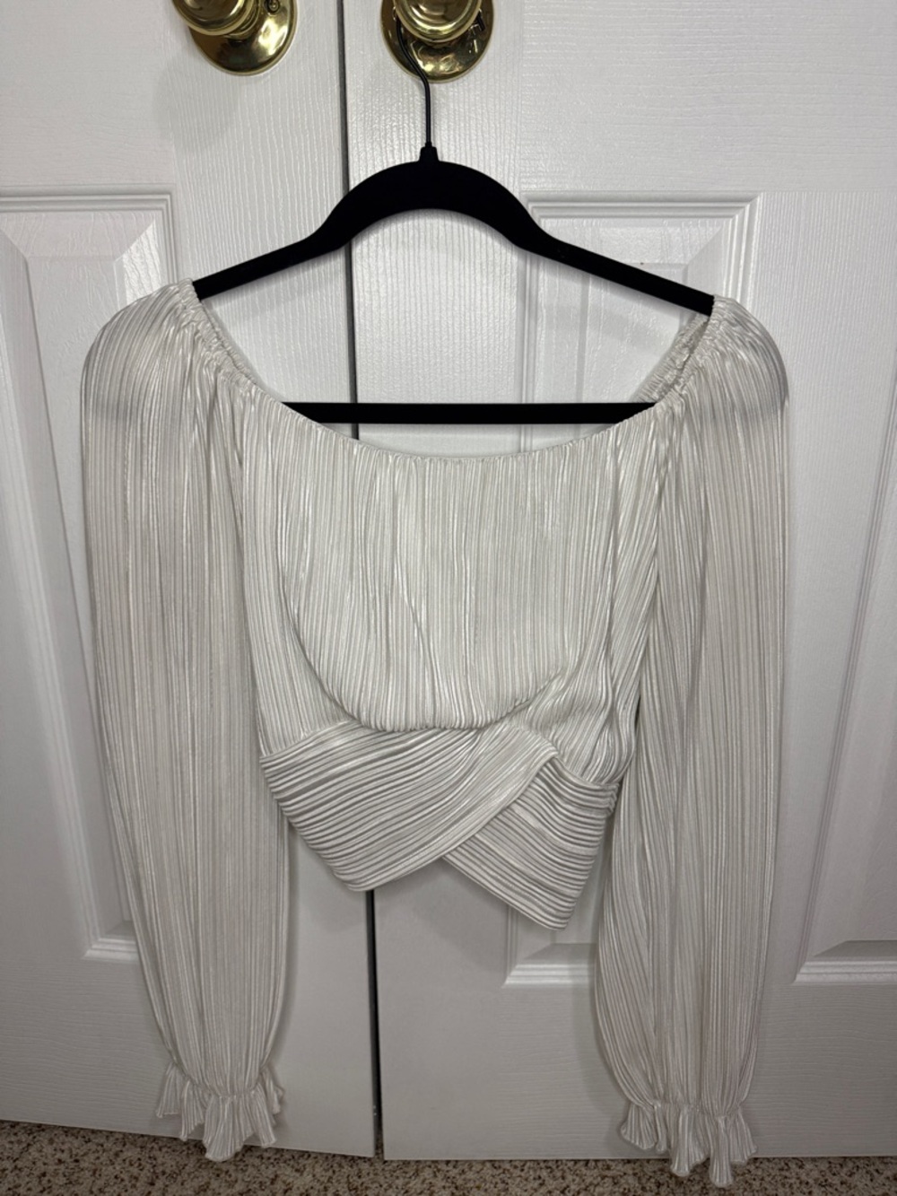 Willow & Root Pleated Off-Shoulder White Long-Sleeve crop top with tie back